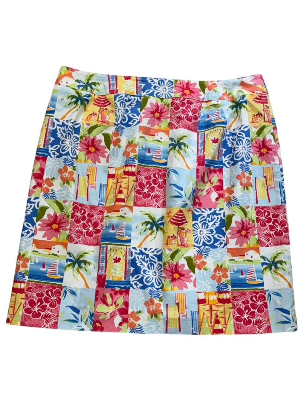 Talbots Woman Sz 18W Patchwork Multicolor Beach Tropical Skirt Side Zip USA